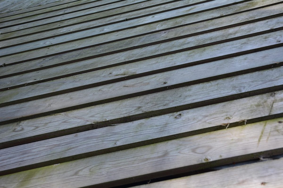 Lames de terrasse en bois grisées et marquées de mousse, signes d'usure à diagnostiquer