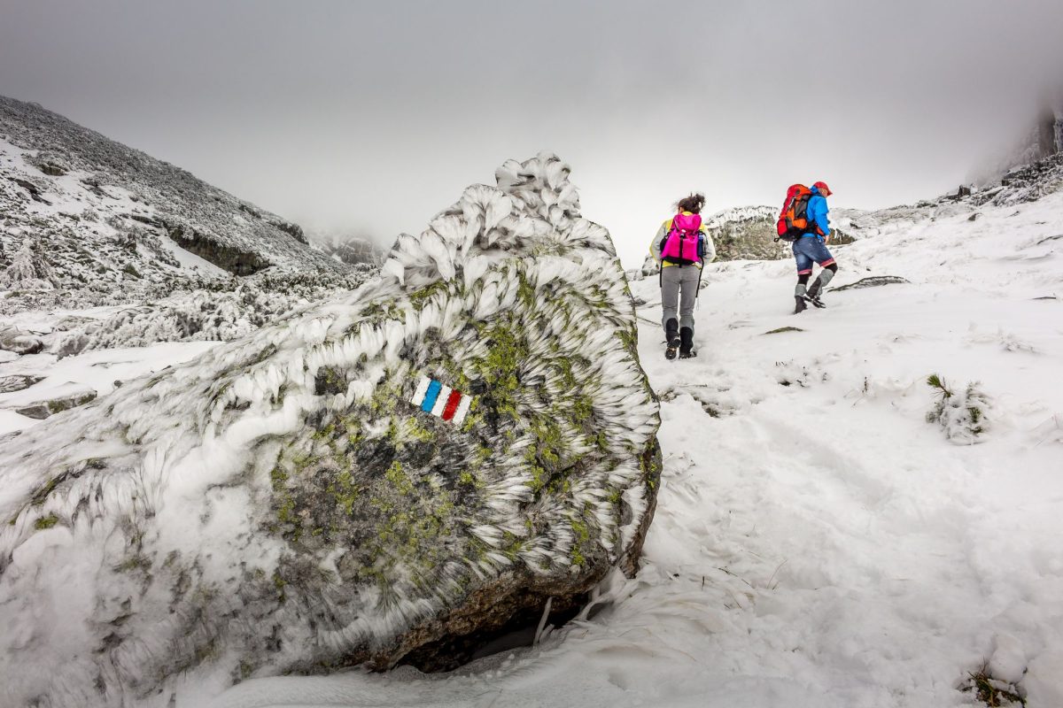 Deux randonneurs dans la neige près d'un rocher marqué d'un drapeau tricolore de balisage
